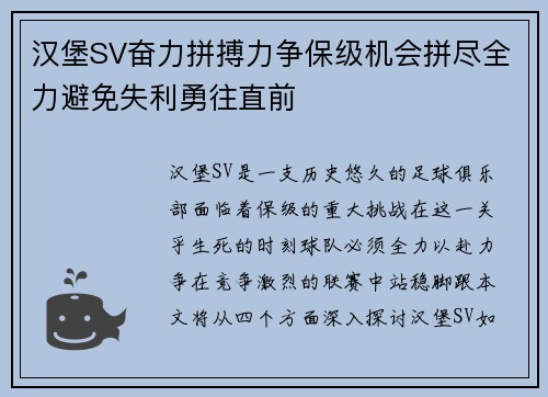 汉堡SV奋力拼搏力争保级机会拼尽全力避免失利勇往直前