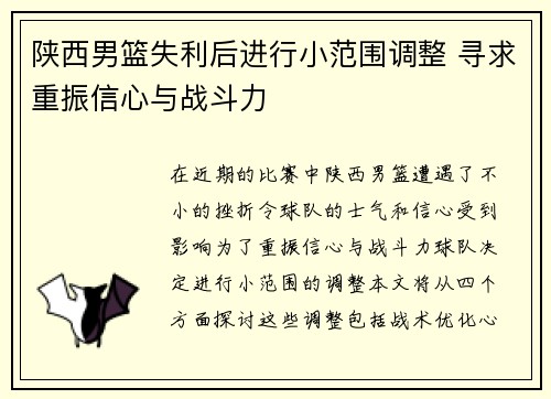 陕西男篮失利后进行小范围调整 寻求重振信心与战斗力