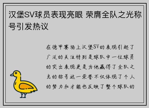 汉堡SV球员表现亮眼 荣膺全队之光称号引发热议