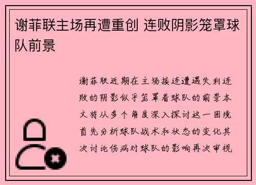 谢菲联主场再遭重创 连败阴影笼罩球队前景