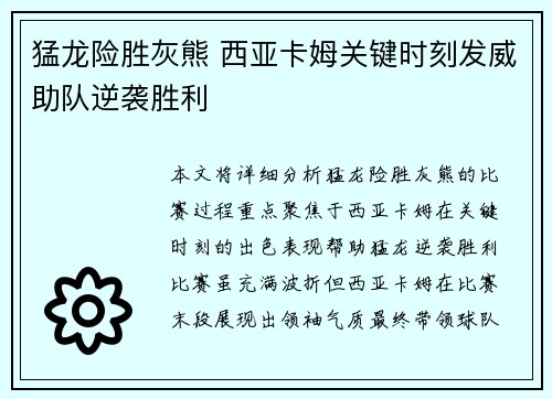 猛龙险胜灰熊 西亚卡姆关键时刻发威助队逆袭胜利