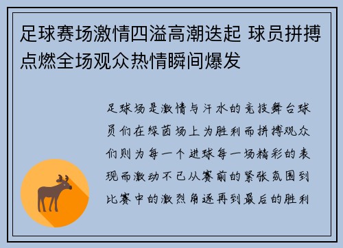 足球赛场激情四溢高潮迭起 球员拼搏点燃全场观众热情瞬间爆发