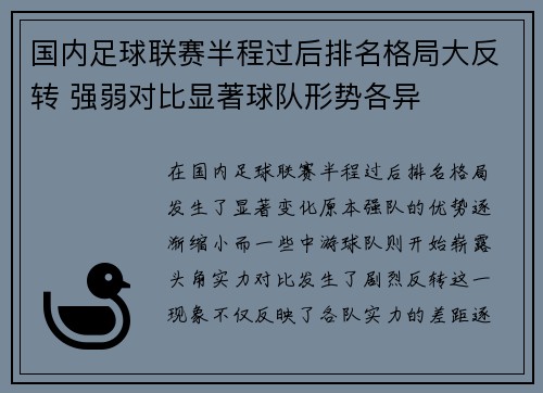 国内足球联赛半程过后排名格局大反转 强弱对比显著球队形势各异