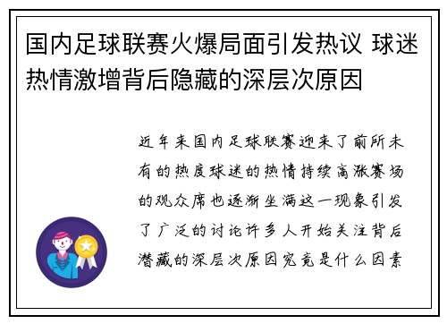 国内足球联赛火爆局面引发热议 球迷热情激增背后隐藏的深层次原因