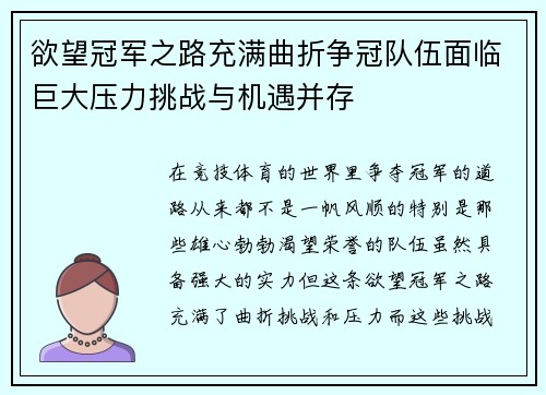 欲望冠军之路充满曲折争冠队伍面临巨大压力挑战与机遇并存