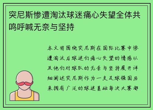 突尼斯惨遭淘汰球迷痛心失望全体共鸣呼喊无奈与坚持