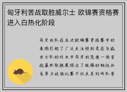 匈牙利苦战取胜威尔士 欧锦赛资格赛进入白热化阶段