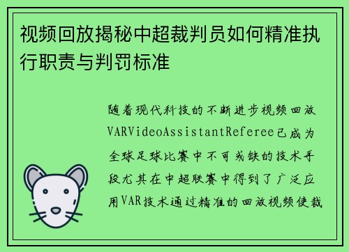 视频回放揭秘中超裁判员如何精准执行职责与判罚标准