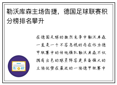 勒沃库森主场告捷，德国足球联赛积分榜排名攀升