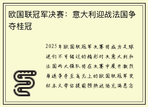 欧国联冠军决赛：意大利迎战法国争夺桂冠
