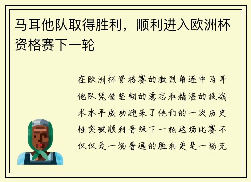 马耳他队取得胜利，顺利进入欧洲杯资格赛下一轮