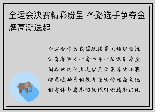 全运会决赛精彩纷呈 各路选手争夺金牌高潮迭起