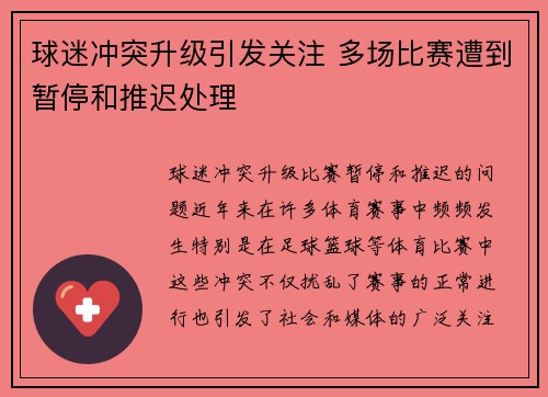 球迷冲突升级引发关注 多场比赛遭到暂停和推迟处理