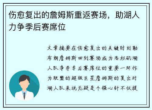 伤愈复出的詹姆斯重返赛场，助湖人力争季后赛席位